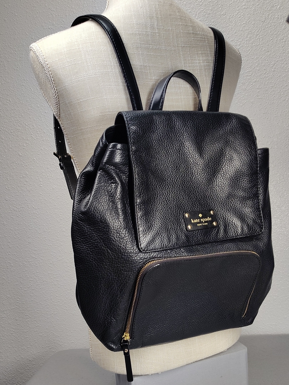 Kate Spade Black Pebbled Leather Backpack with Gold Hardware